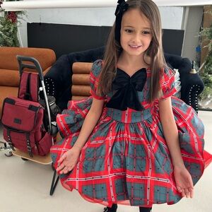 Girls' Red Plaid Dress with Black Bow